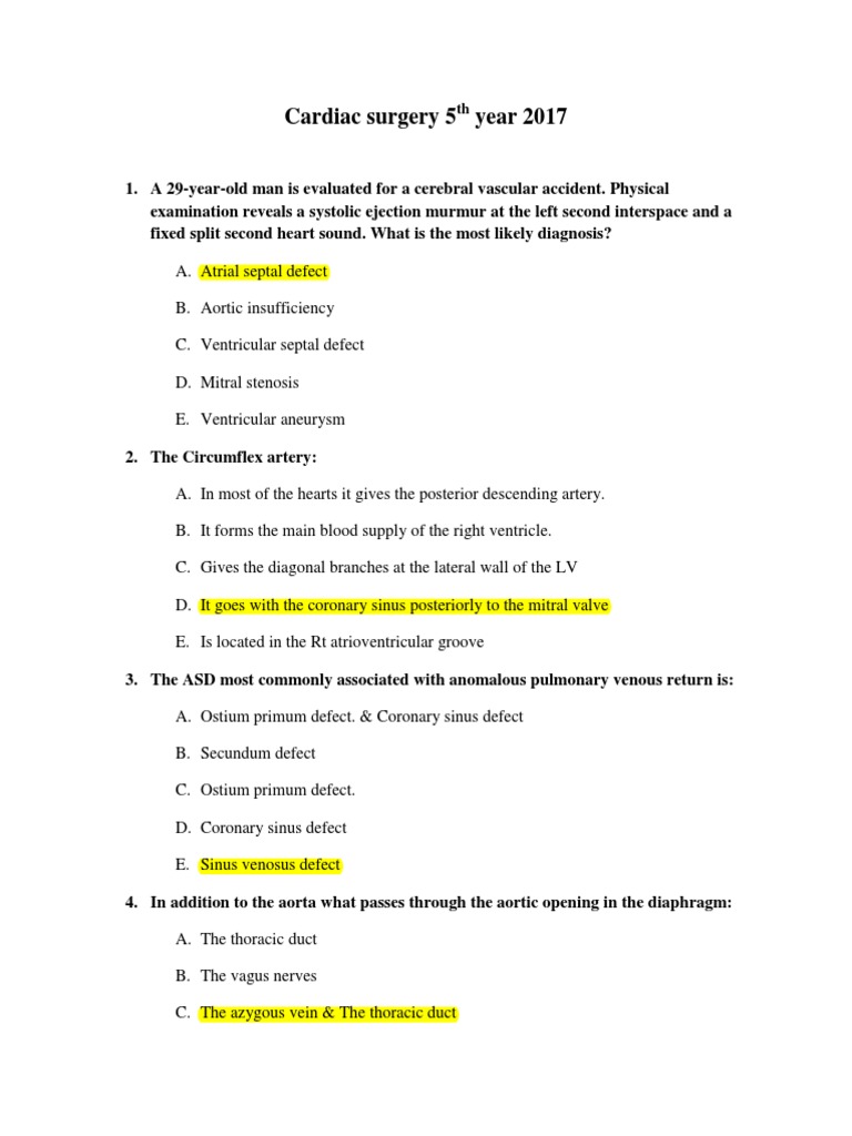 Cardiac Surgery Exam Questions | PDF | Heart Valve | Coronary Circulation