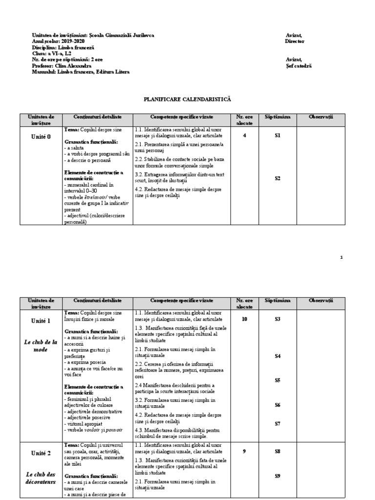 Planificare L2 ART KLETT Clasa A VIa
