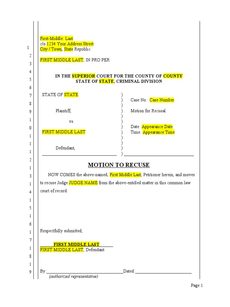 Motion for Judge Recusal Template | PDF | Judicial Disqualification | Judge