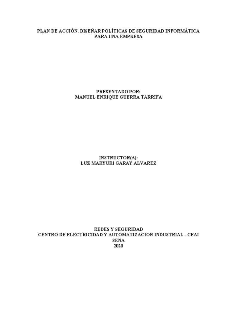 Plan de Acción. Diseñar Políticas de Seguridad Informática para Una ...