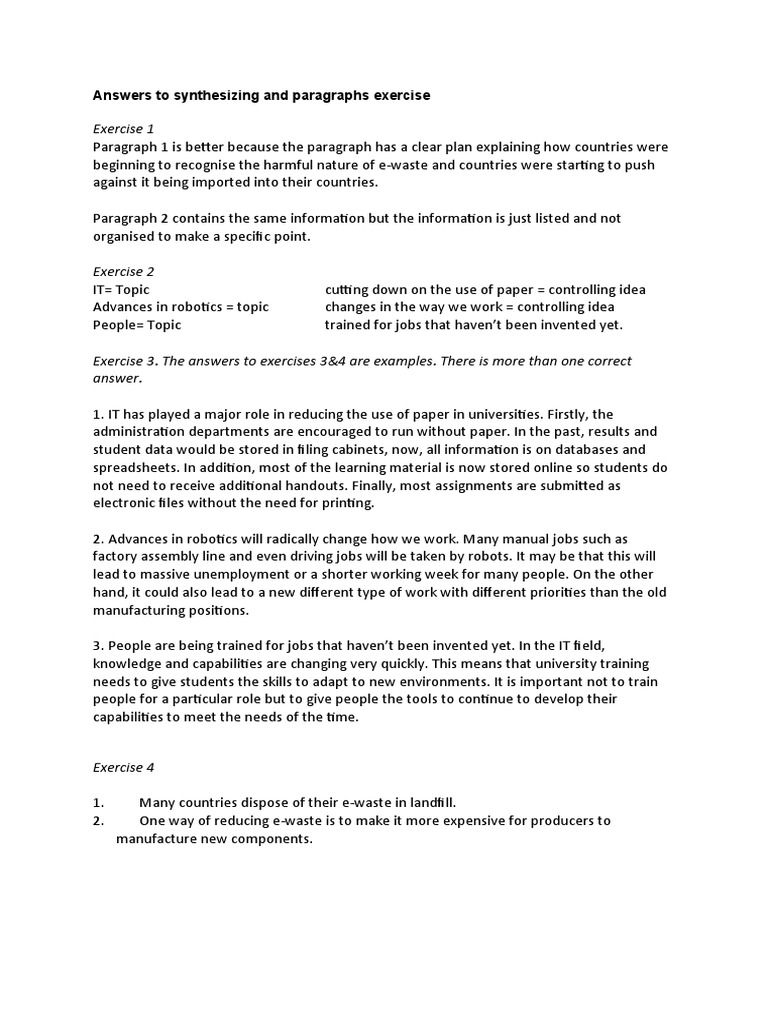 Exercise 1: Answers To Synthesizing and Paragraphs Exercise | PDF