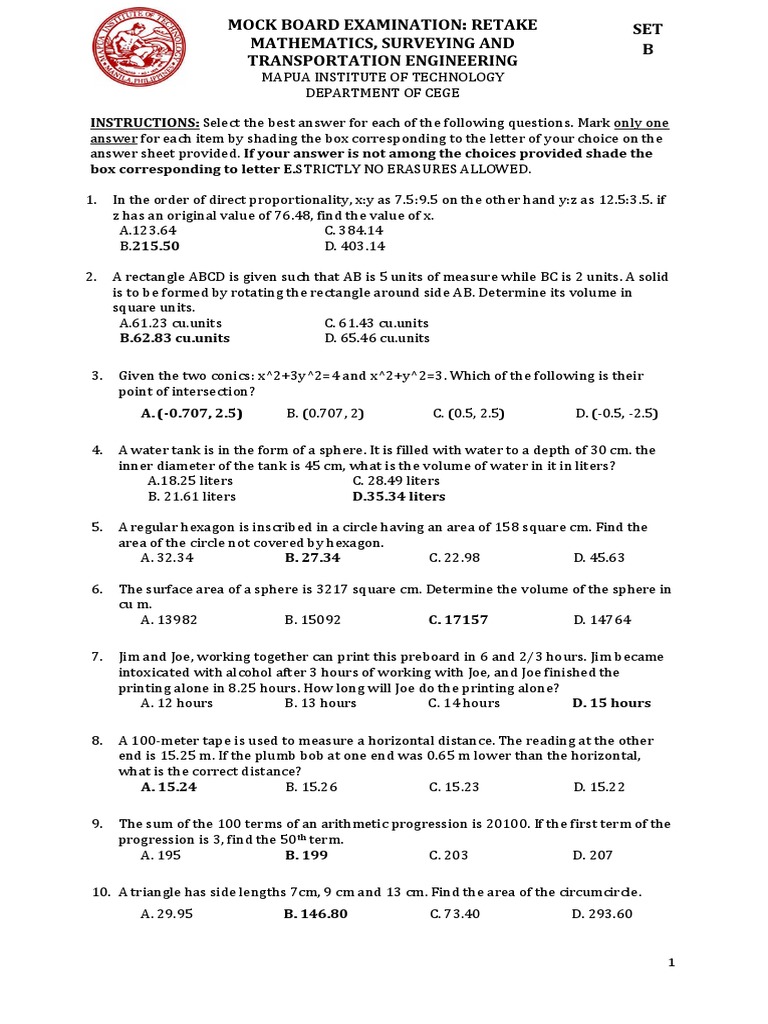Mock Board Exam: Math & Engineering | PDF | Area | Triangle