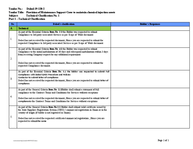 Maintenance Support Tender Clarifications | PDF