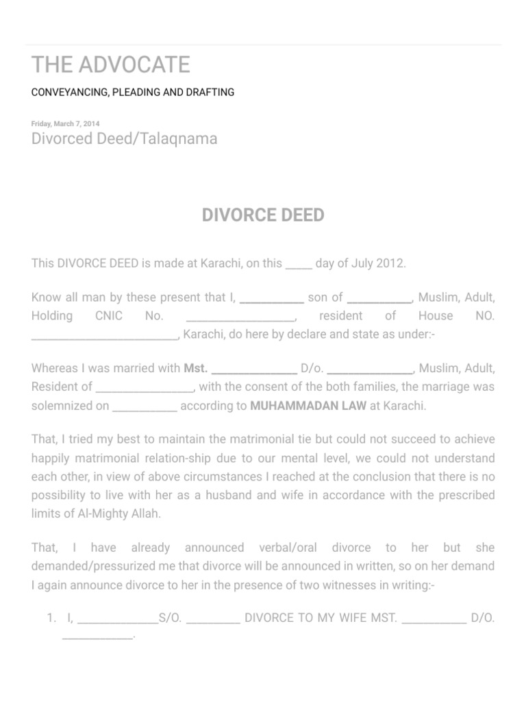 Divorce Deed/Talaqnama Template | PDF | Marriage | Divorce
