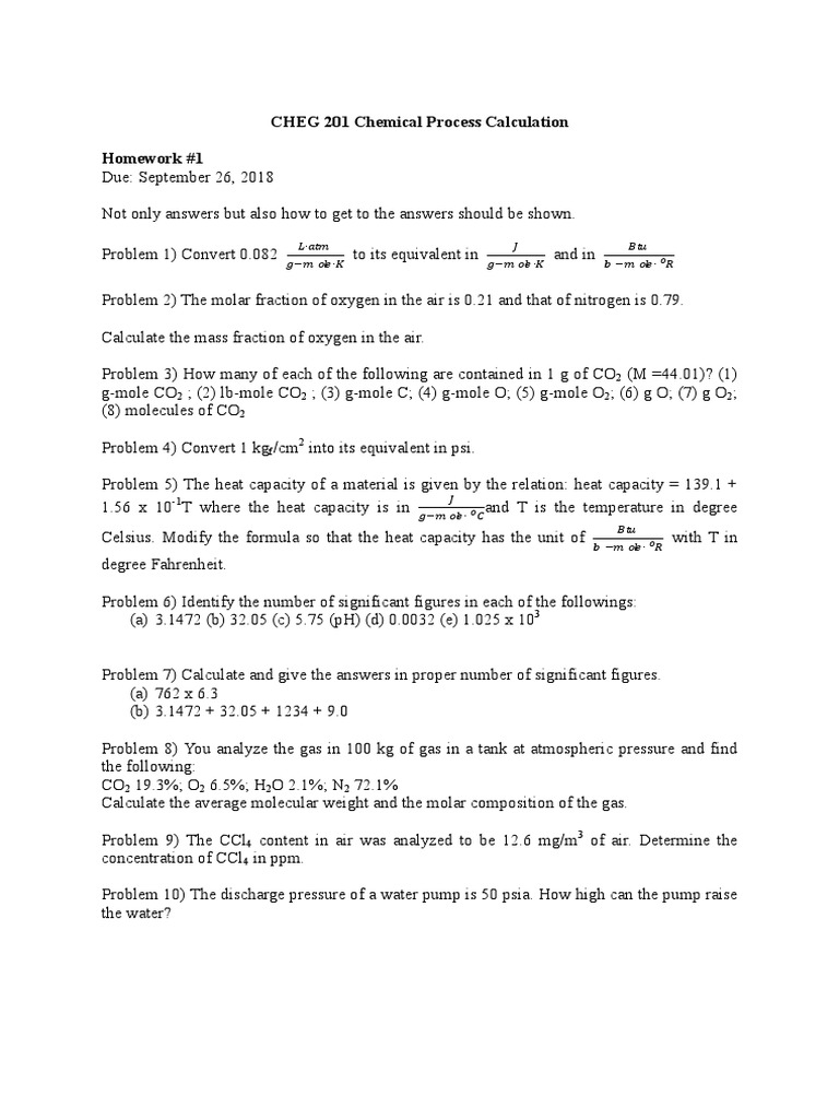 Chemical Process Calculations Homework | PDF