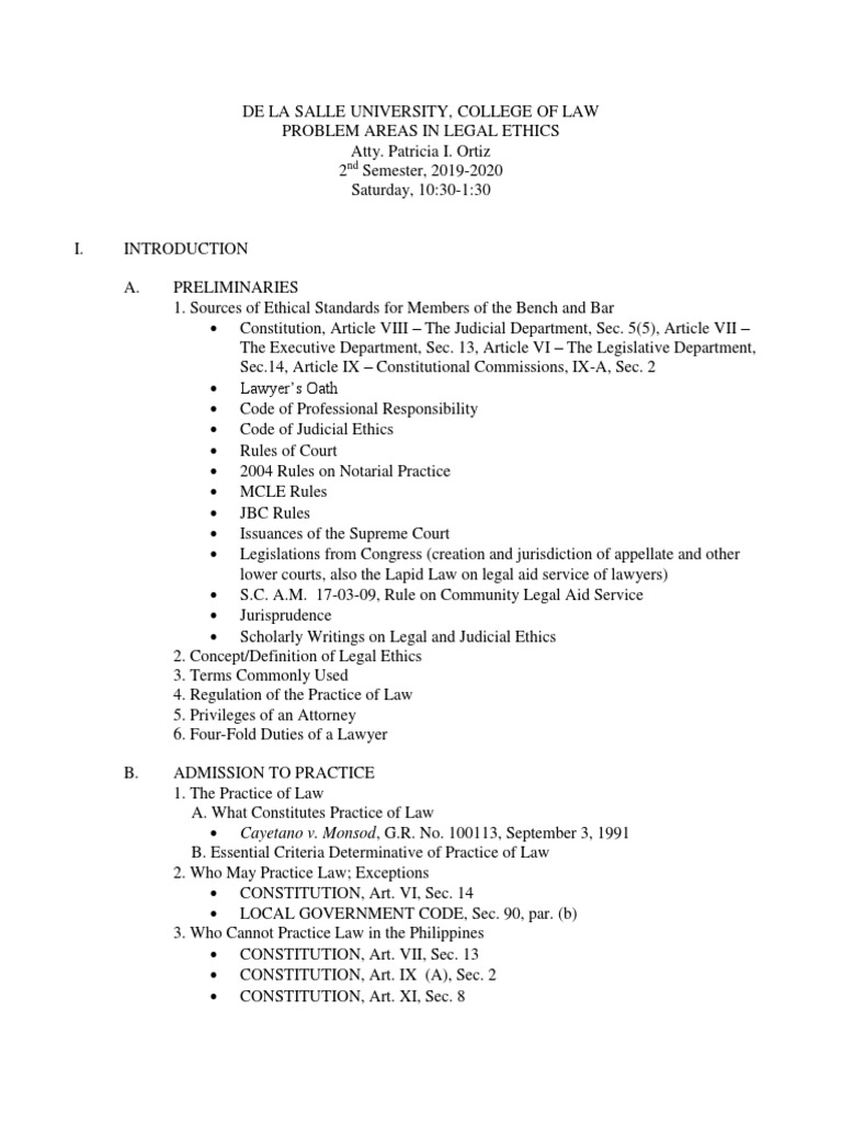 Problem Areas in Legal Ethics Outline DLSU PDF Lawyer Legal Ethics