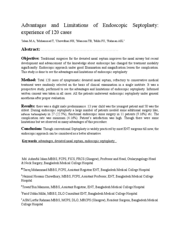 Advantage and Limitation of Endoscopic Septoplasty PDF Endoscopy Surgical Specialties