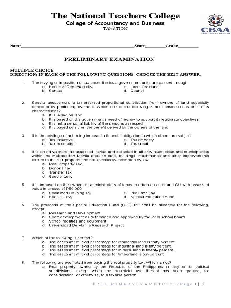 The National Teachers College Preliminary Examination PDF Tax Exemption Taxes