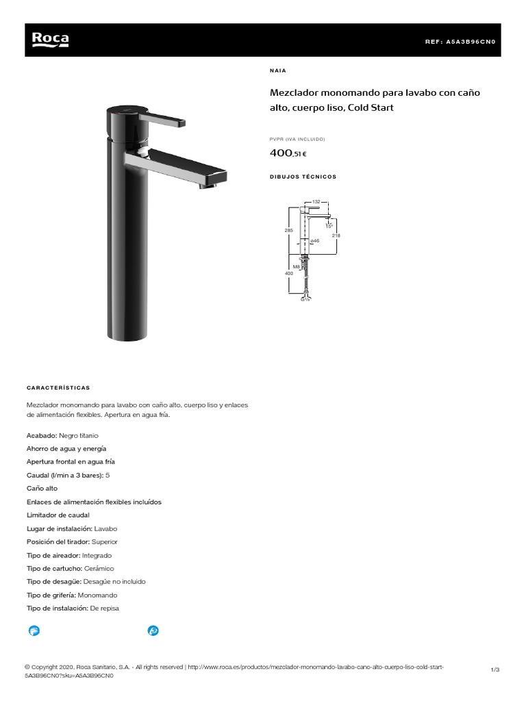 Grifo para lavabo Roca Naia cuerpo liso caño alto