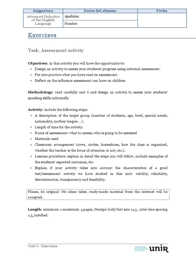 Exercises: Task: Assessment Activity | PDF | Science & Mathematics