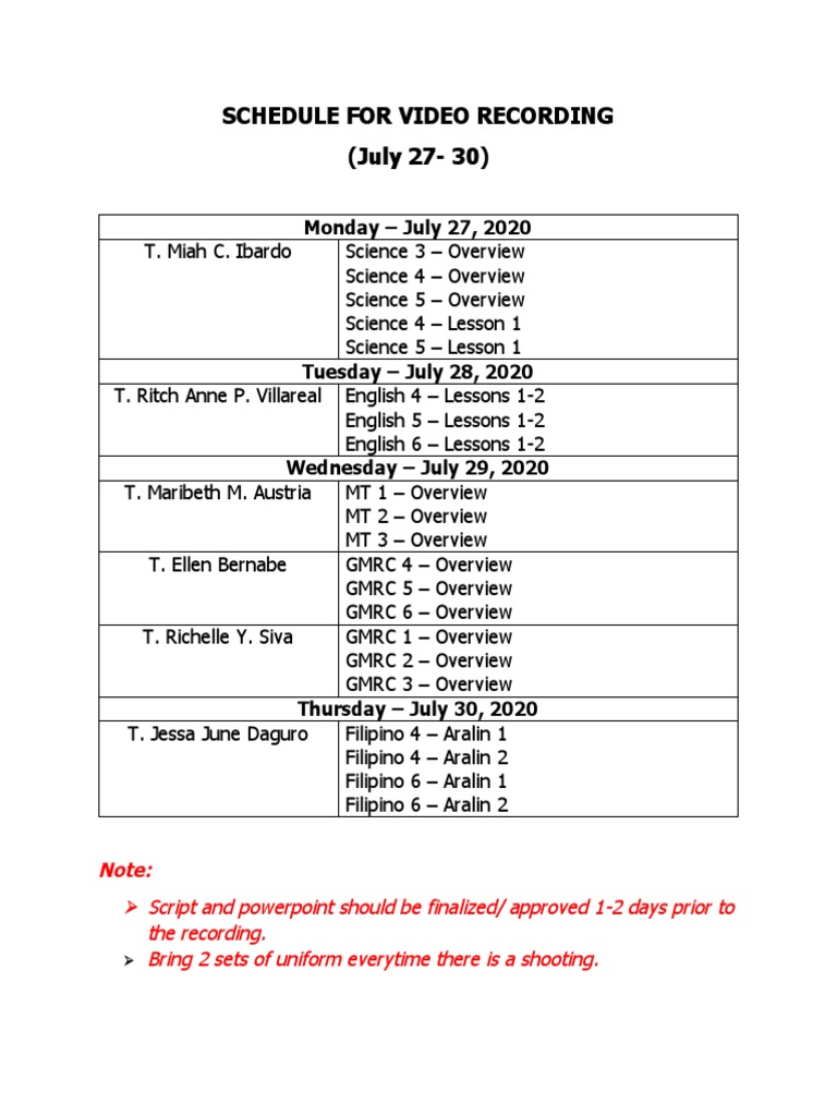Video Recording Schedule: July 2020 | PDF | Science & Mathematics