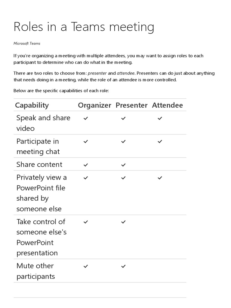 Roles in A Teams Meeting | PDF | Microsoft Power Point | Software