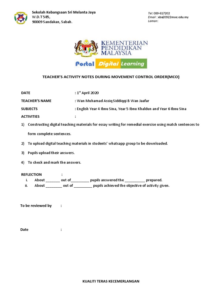 Teacher'S Activity Notes During Movement Control Order (Mco) : Tel: 089 ...