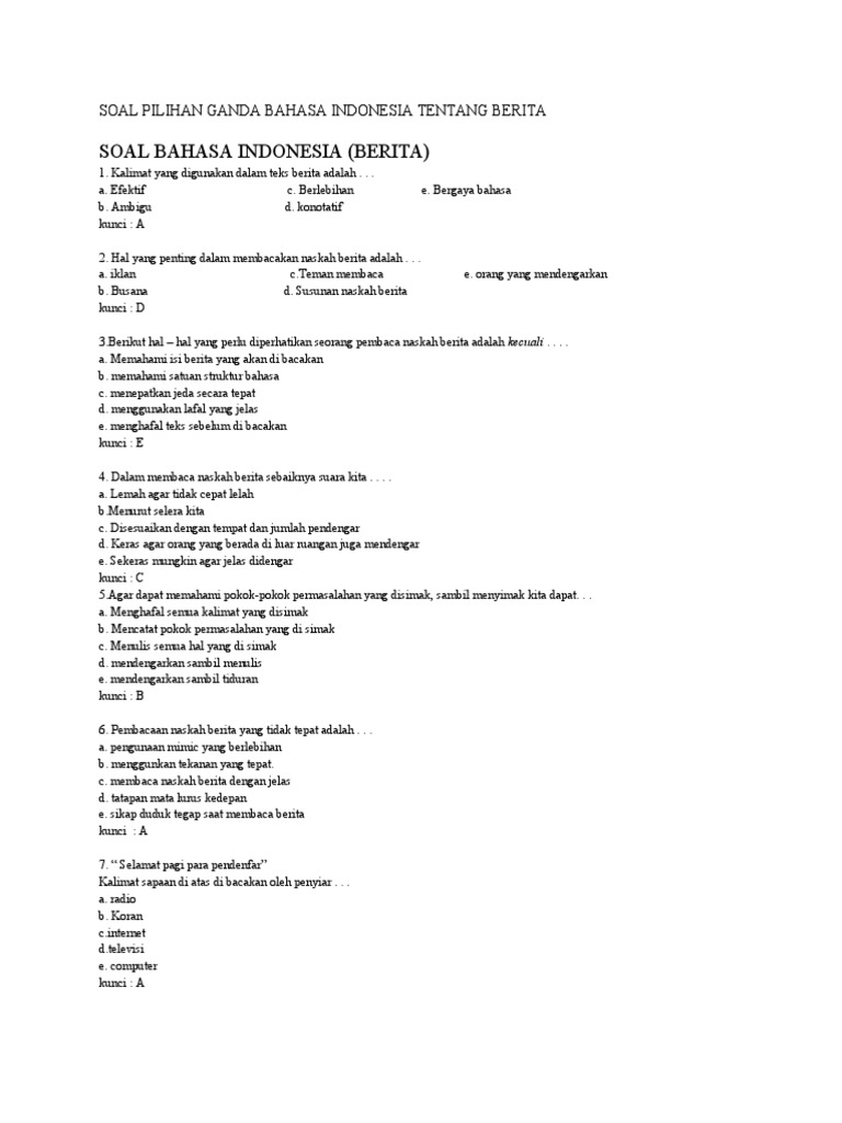 Soal Pilihan Ganda Bahasa Indonesia Tentang Berita