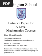 Wellington School: Entrance Paper For A Level Mathematics Courses