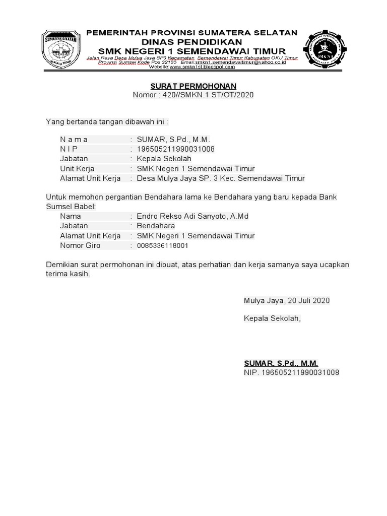 Surat Permohonan Perubahan Specimen Bank PDF