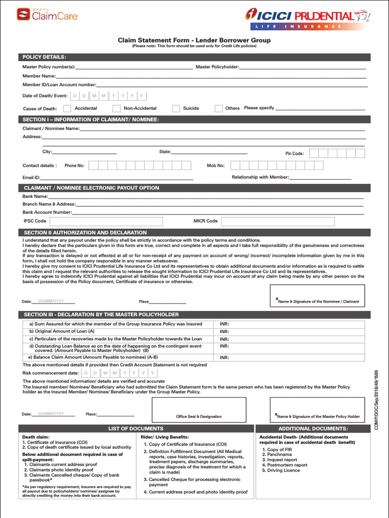 Claim Statement Form - Lender Borrower Group: Policy Details | PDF ...