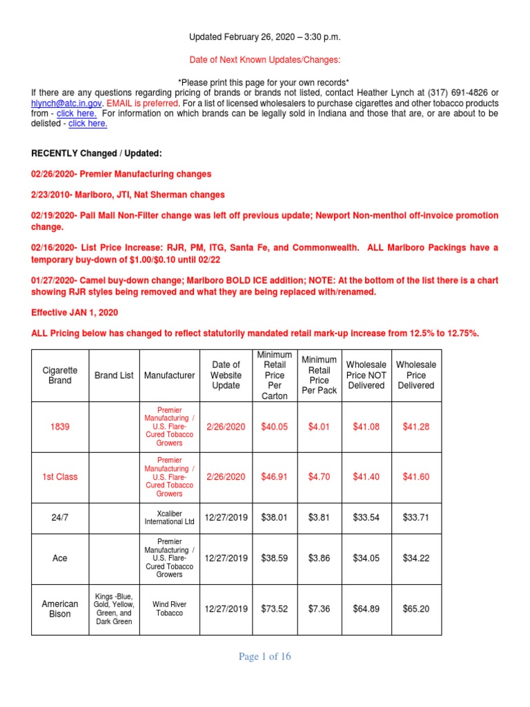 Indiana Minimum Cigarette Prices 2020 | PDF | Tobacco Industry