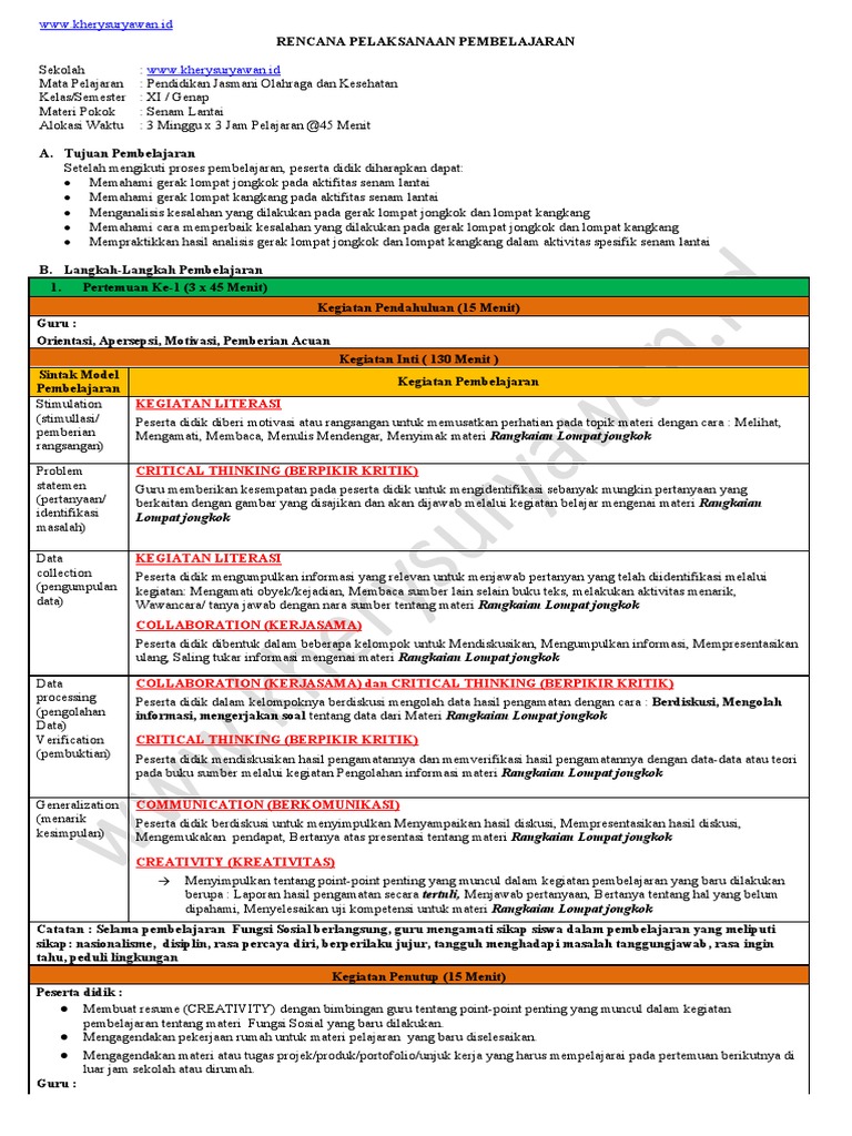 Rpp Pjok Kls Xi Sm 2 Tm 6 1 Lembar Www Kherysuryawan Id