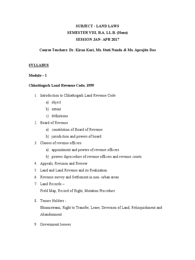 Land Laws Syllabus 2017 PDF Leasehold Estate Lease