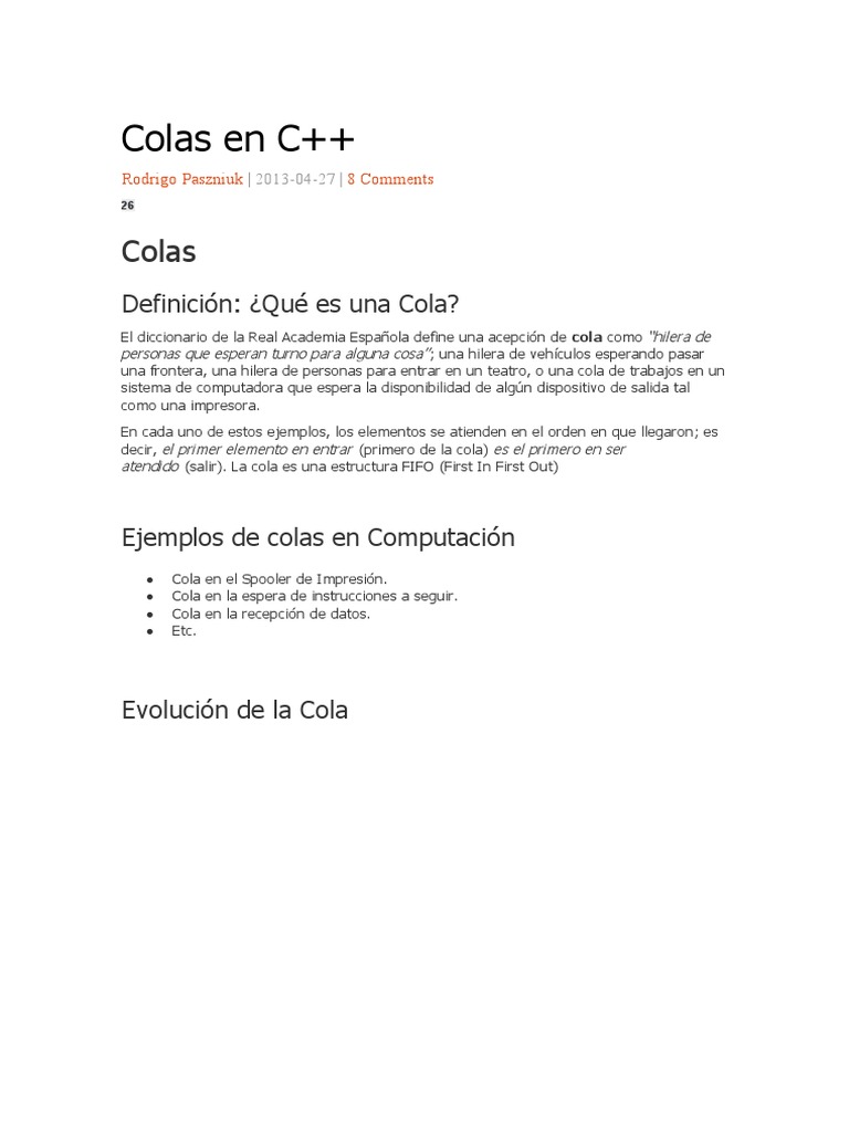 Colas en C++ | PDF | Cola (tipo de datos abstractos) | Ingeniería ...