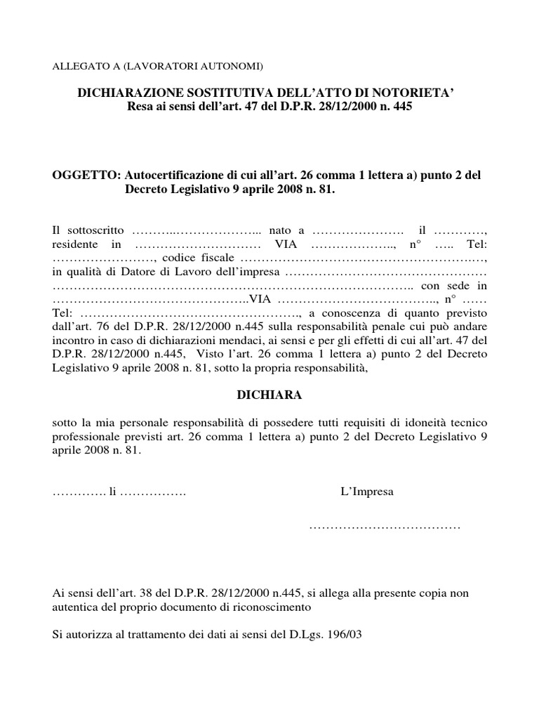 Autocertificazione Possesso Requisiti | PDF