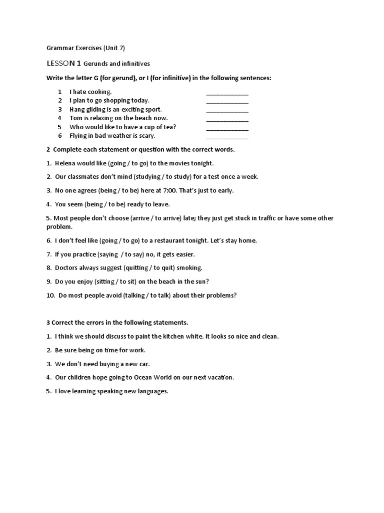 Gerunds and Infinitives Grammar Exercises | PDF | Language Arts ...