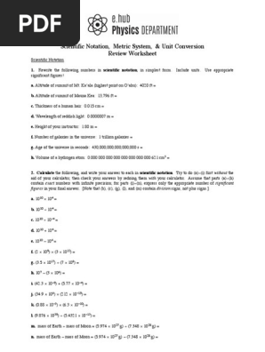 Scientific Notation, Metric System, & Unit Conversion Review Worksheet |  PDF | Pound (Mass) | Hertz