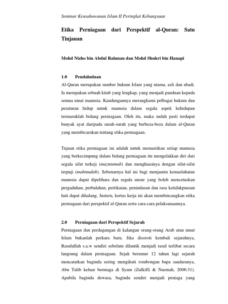 Etika Perniagaan Dari Perspektif Al Quran Satu Tinjauan Pdf