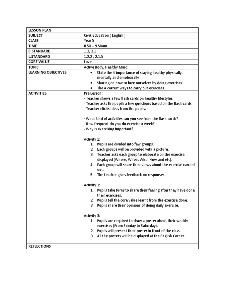 Lesson Plan Subject Class Time C.Standard L.Standard Core Value Topic