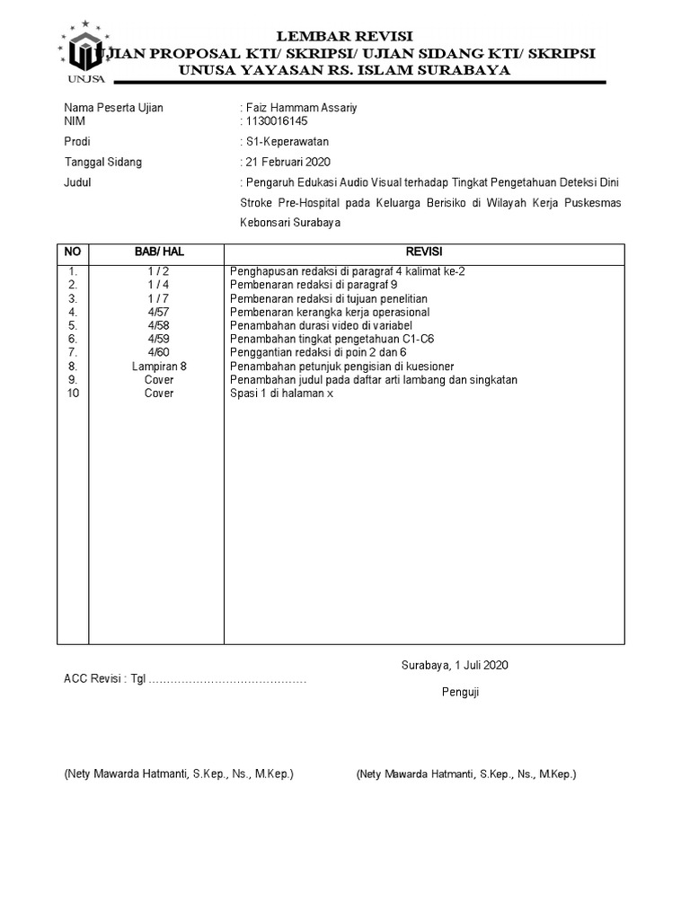 Lembar Revisi Ujian Proposal KTI | PDF