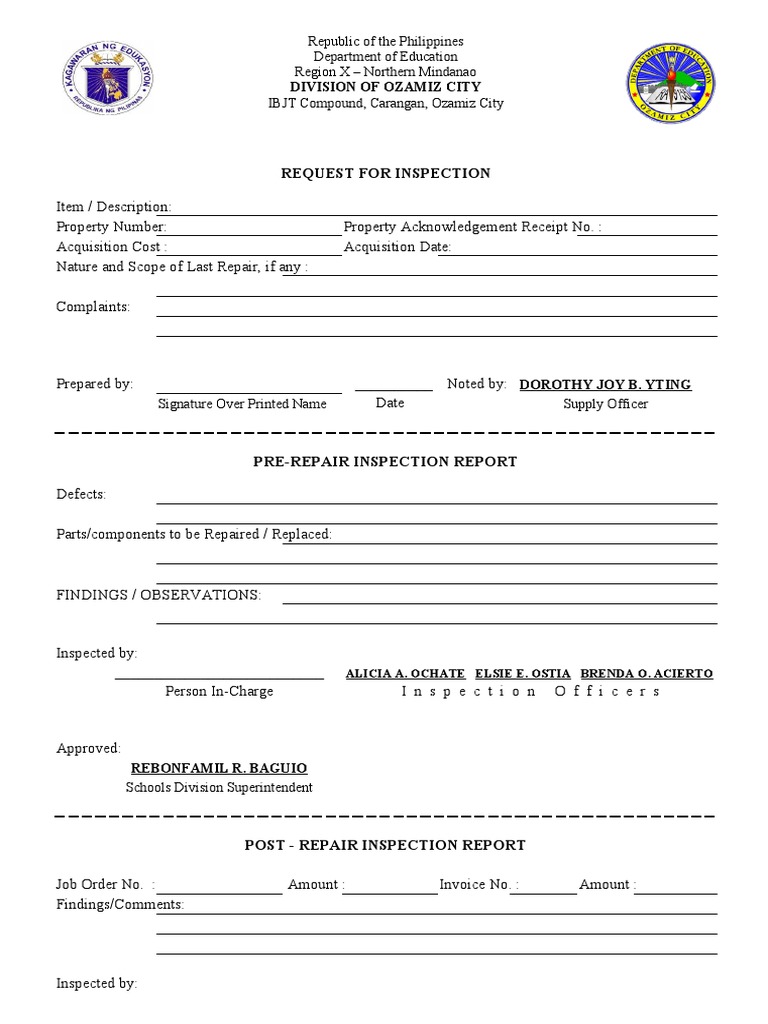 Request For Inspection: Division of Ozamiz City | PDF