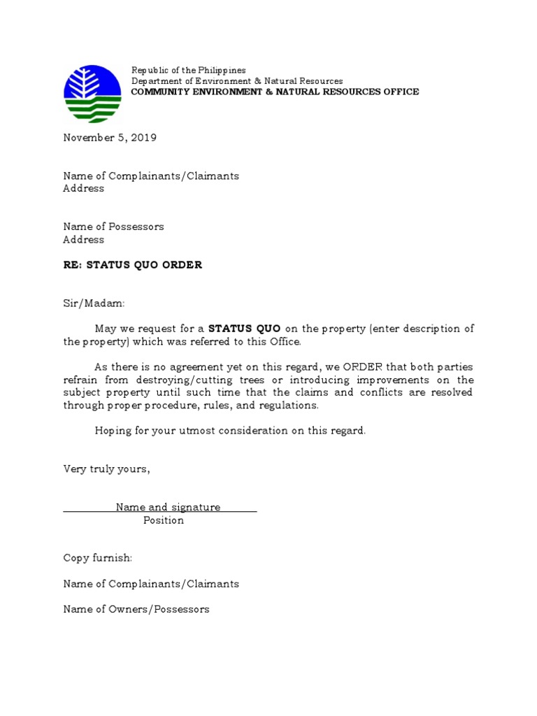 Re Status Quo Order Community Environment & Natural Resources Office