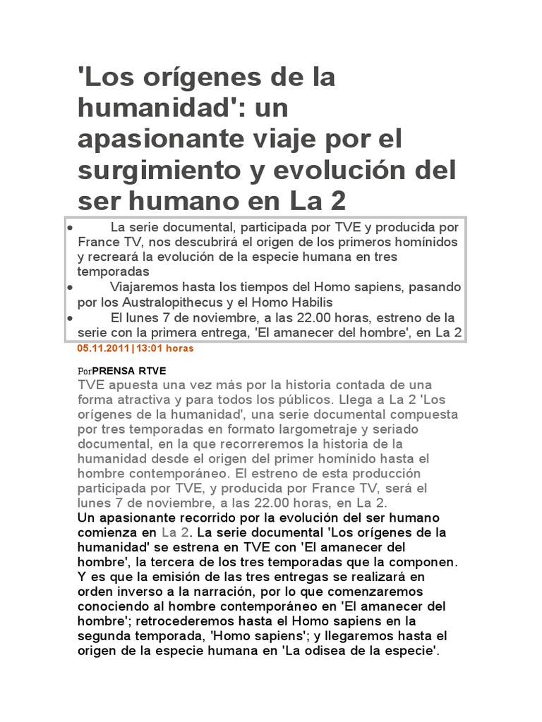 Los Orígenes de La Humanidad | PDF | Homo | Evolución humana