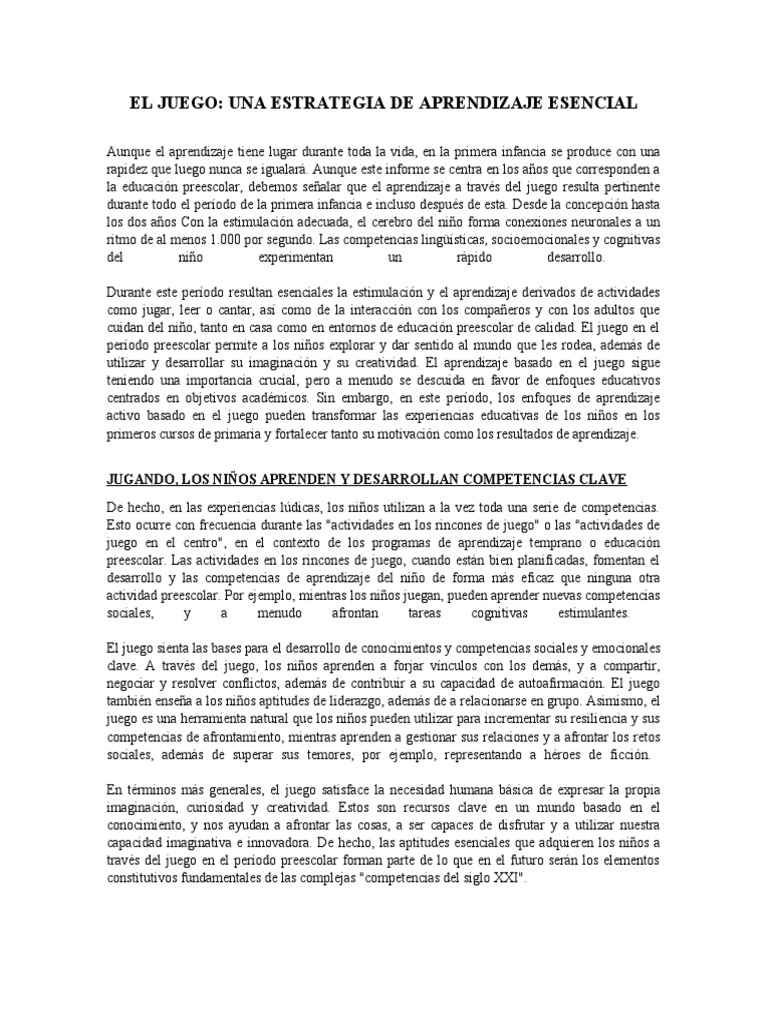 El Juego | PDF | Educación de la primera infancia | Aprendizaje