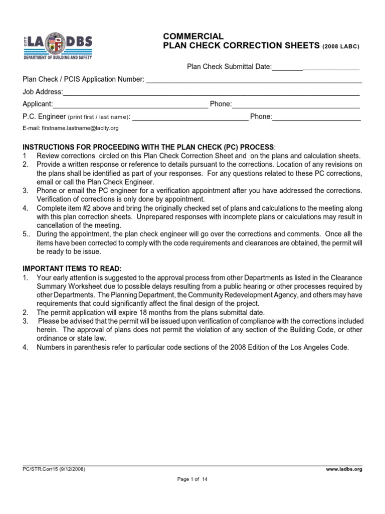 2008 COMMERCIAL PLAN CHECK CORRECTION SHEET