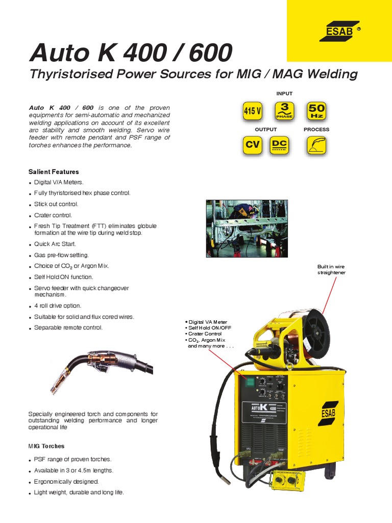 Auto K 400 / 600 Thyristorised Power Sources For MIG / MAG Welding