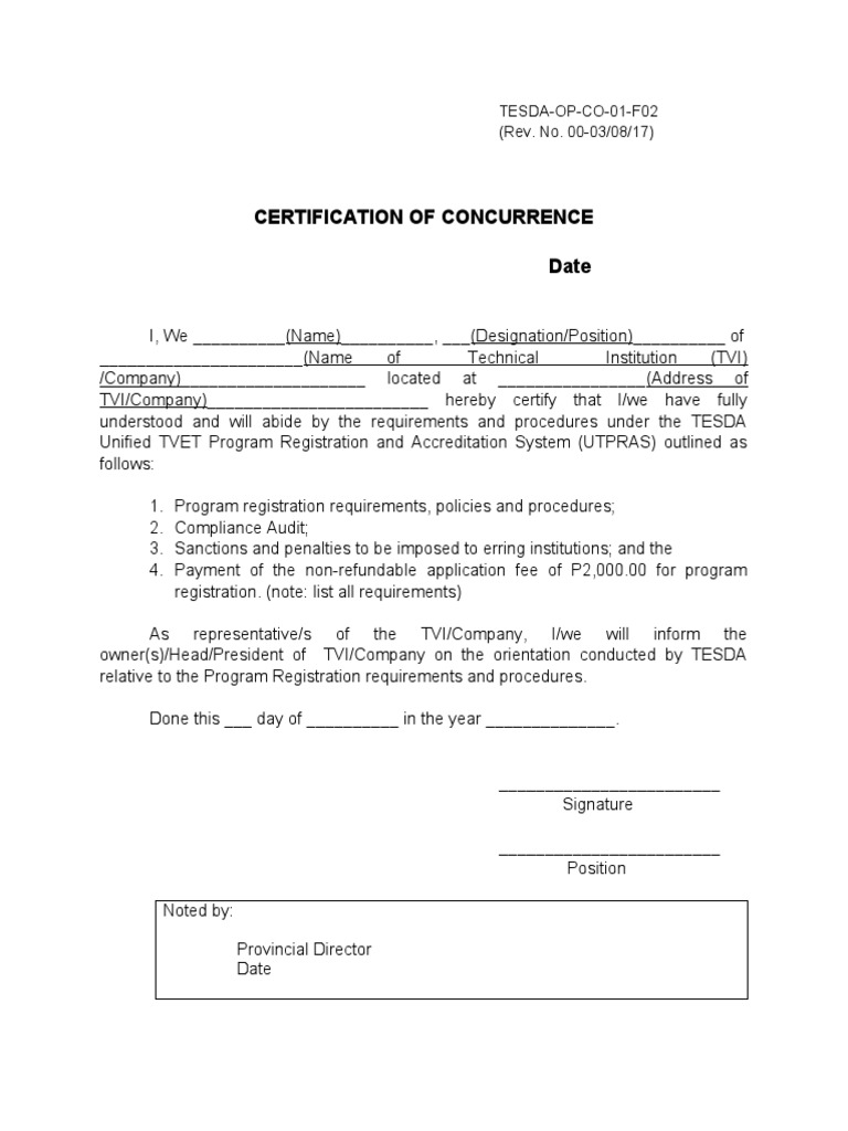 TESDA Certification of Concurrence Form | PDF | Business | Finance ...