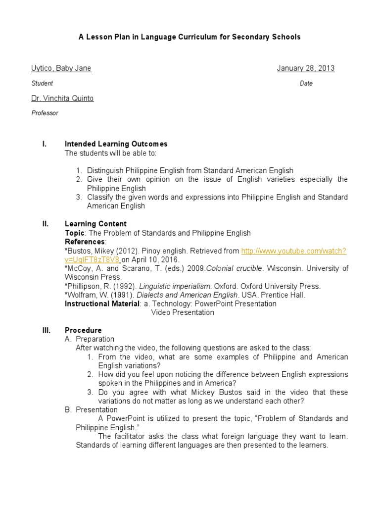 A Lesson Plan in Language Curriculum For Secondary Schools | PDF ...