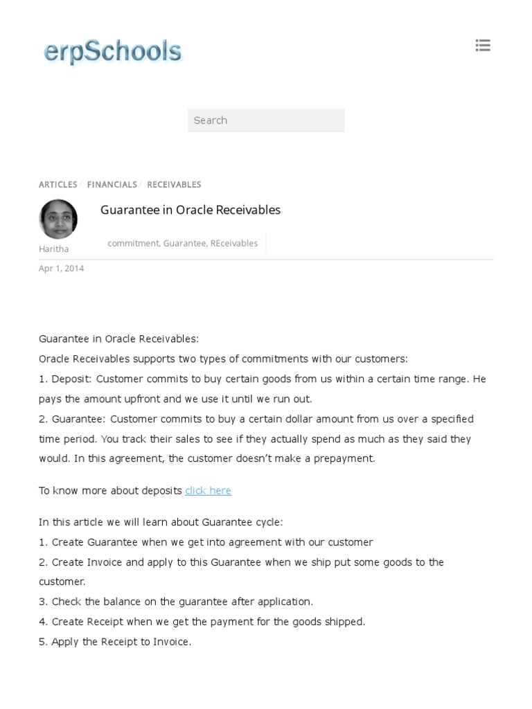Guarantee in Oracle Receivables: Search | PDF | Receipt | Invoice