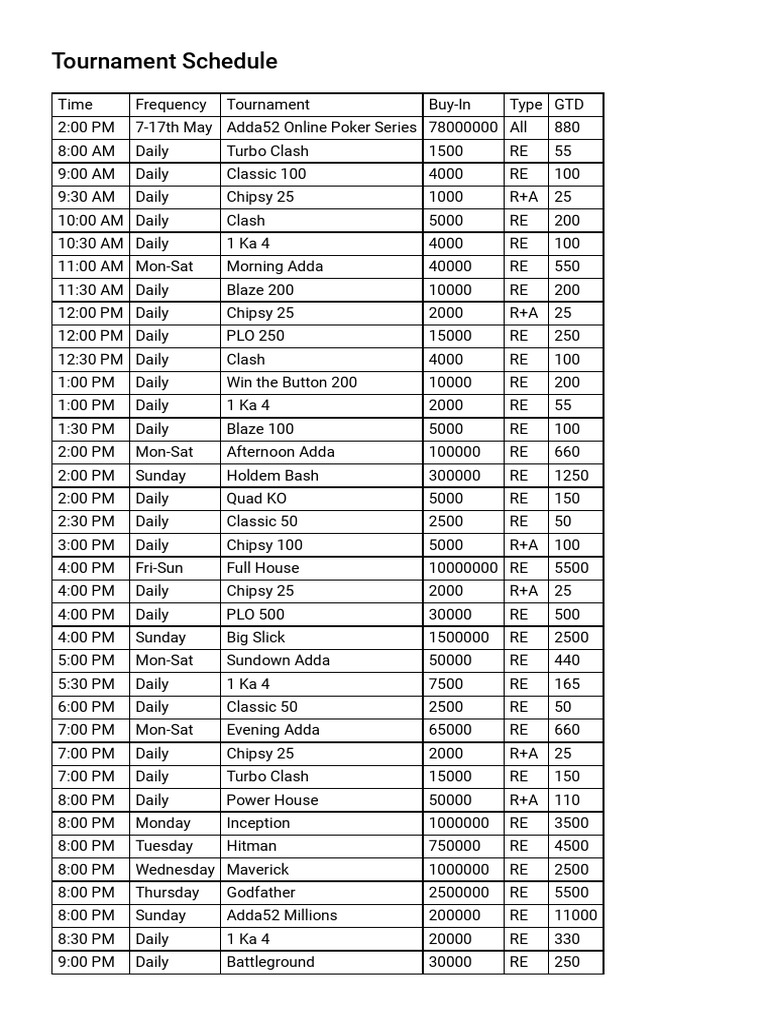 Tournament Schedule PDF Poker Gambling