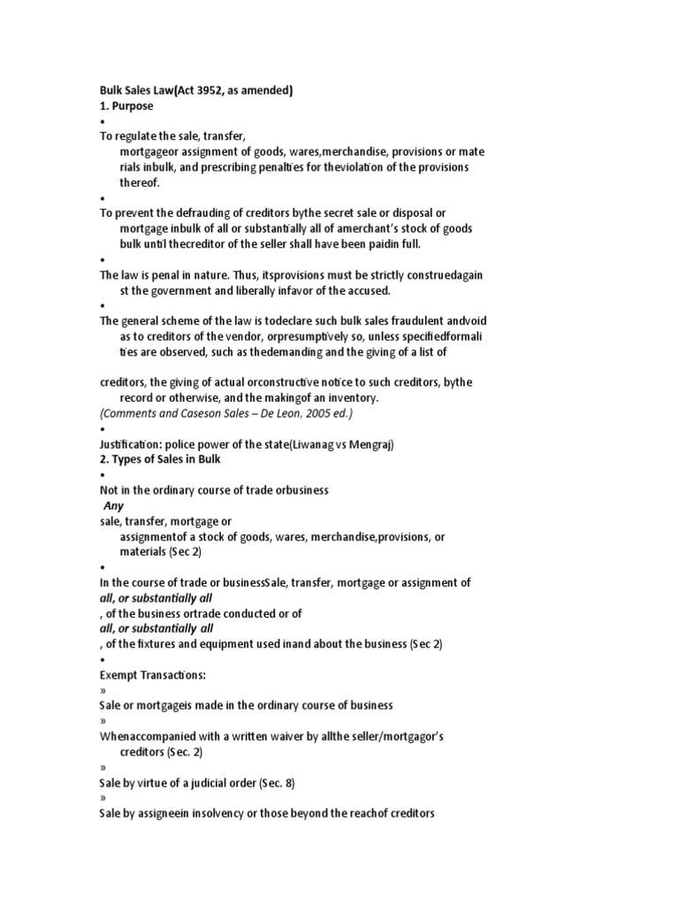 Bulk Sales Law (Act 3952, As Amended) 1. Purpose and Caseson Sales de Leon, 2005 Ed