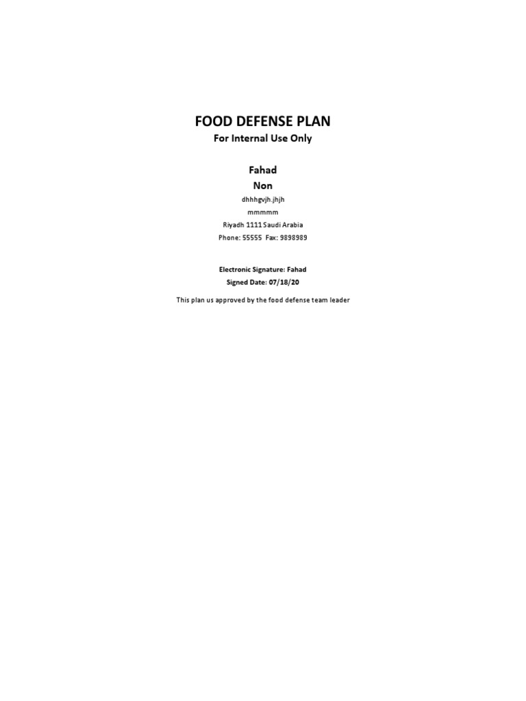 Food Defense Plan For Internal Use Only PDF Food And Drink Business