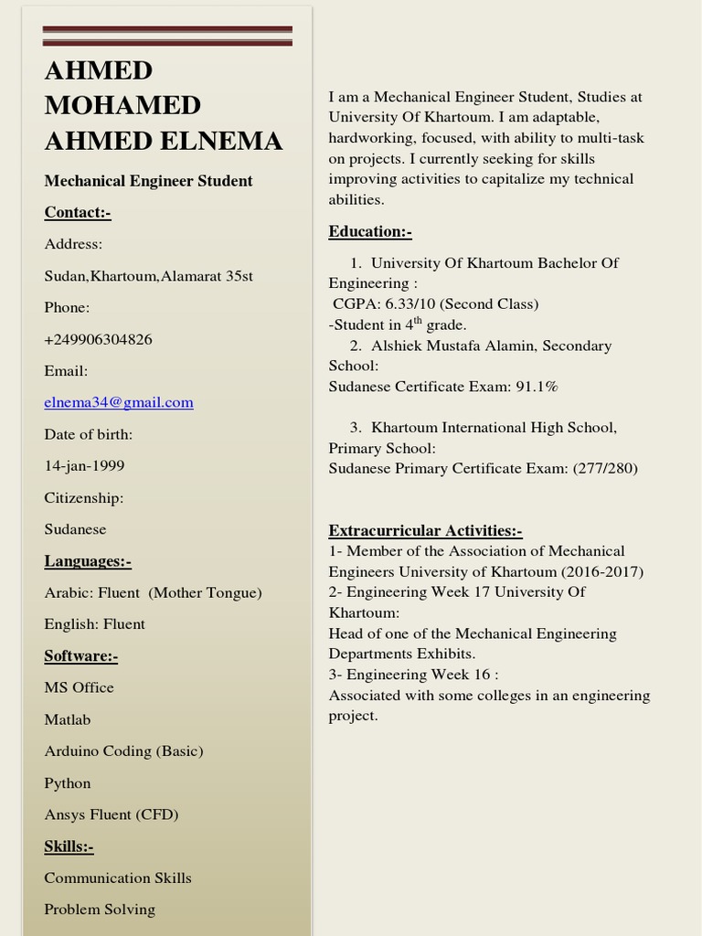 Mechanical Engineering Student Profile | PDF