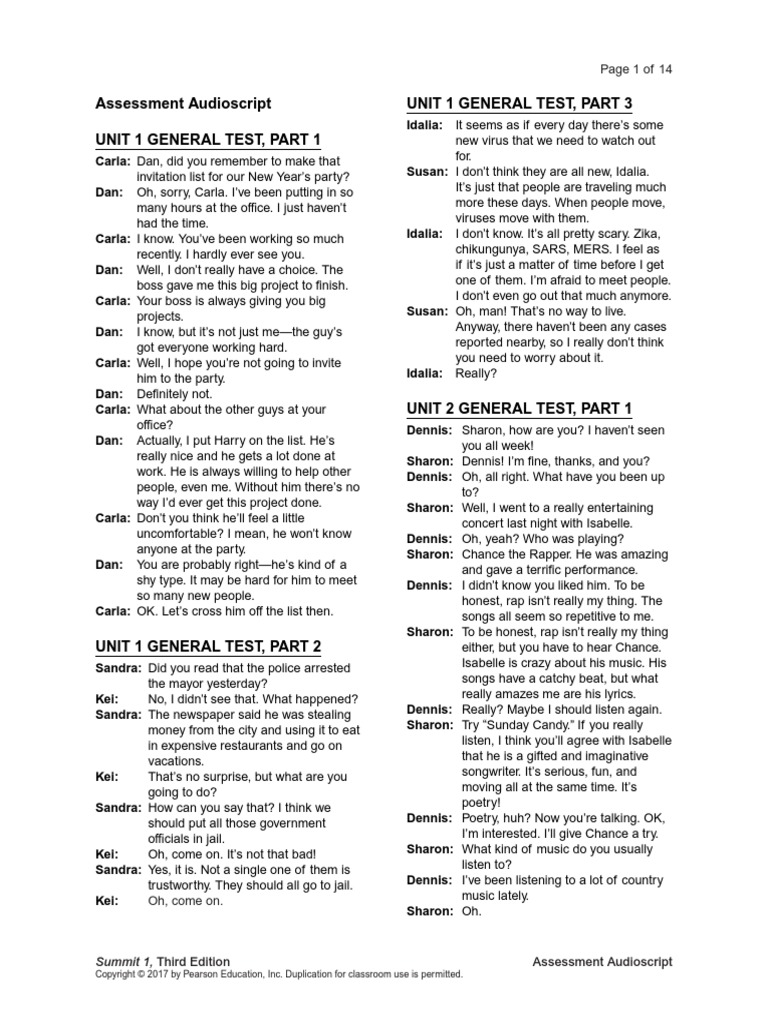 Assessment Audioscript Unit 1 General Test, Part 1 Unit 1 General Test ...