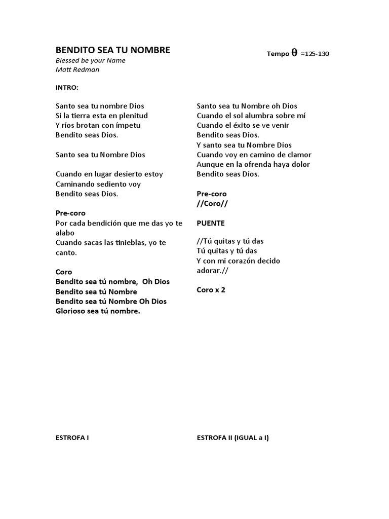 Bendito Sea Tu Nombre (Matt Redman) LETRA | PDF, image size:768x1024