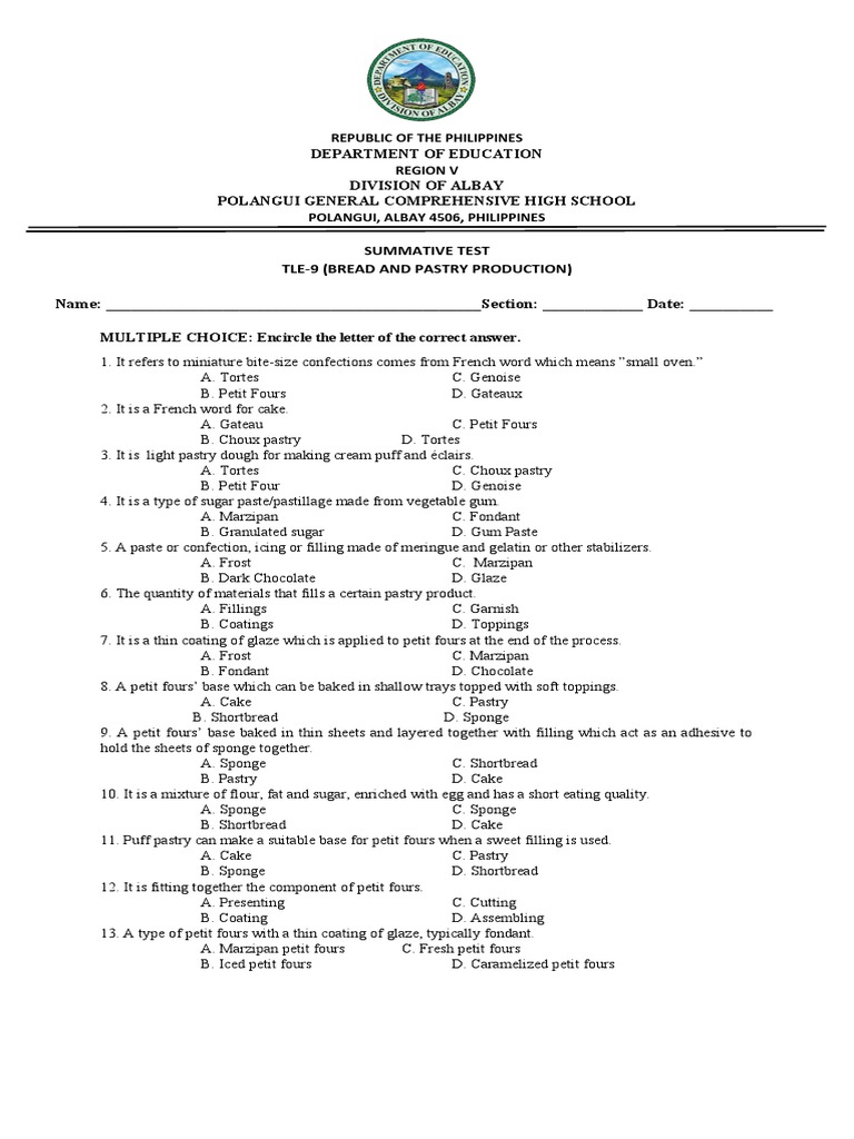 Summative Test Tle9 (Bread and Pastry Production) Name Section