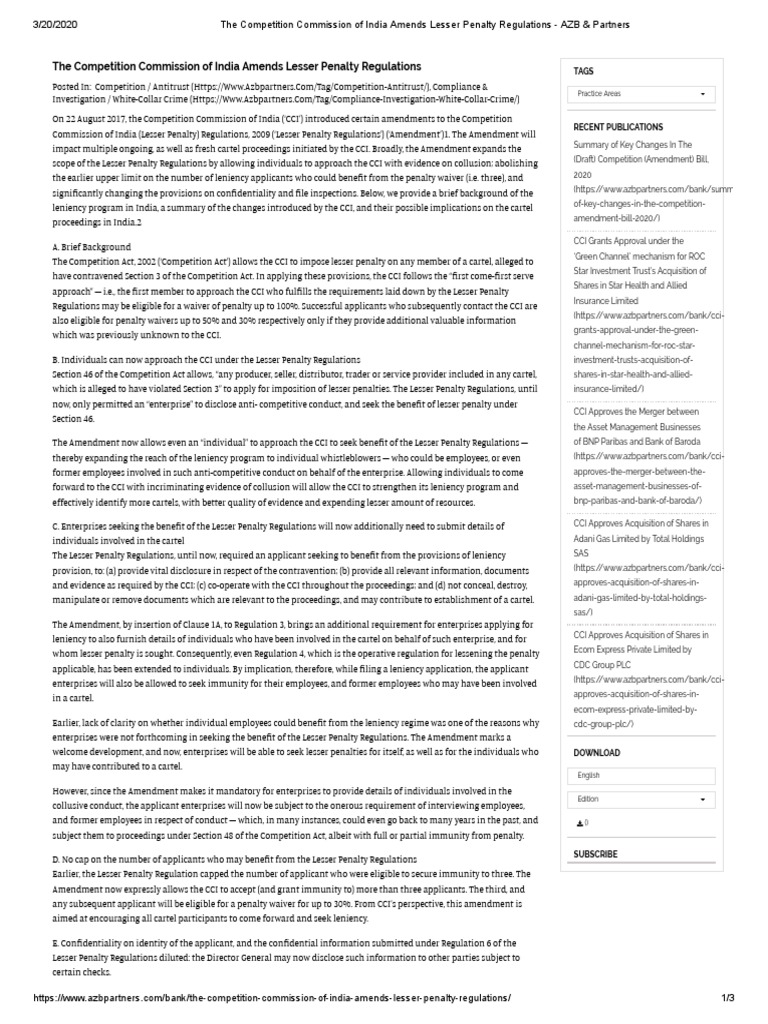 The Competition Commission of India Amends Lesser Penalty Regulations