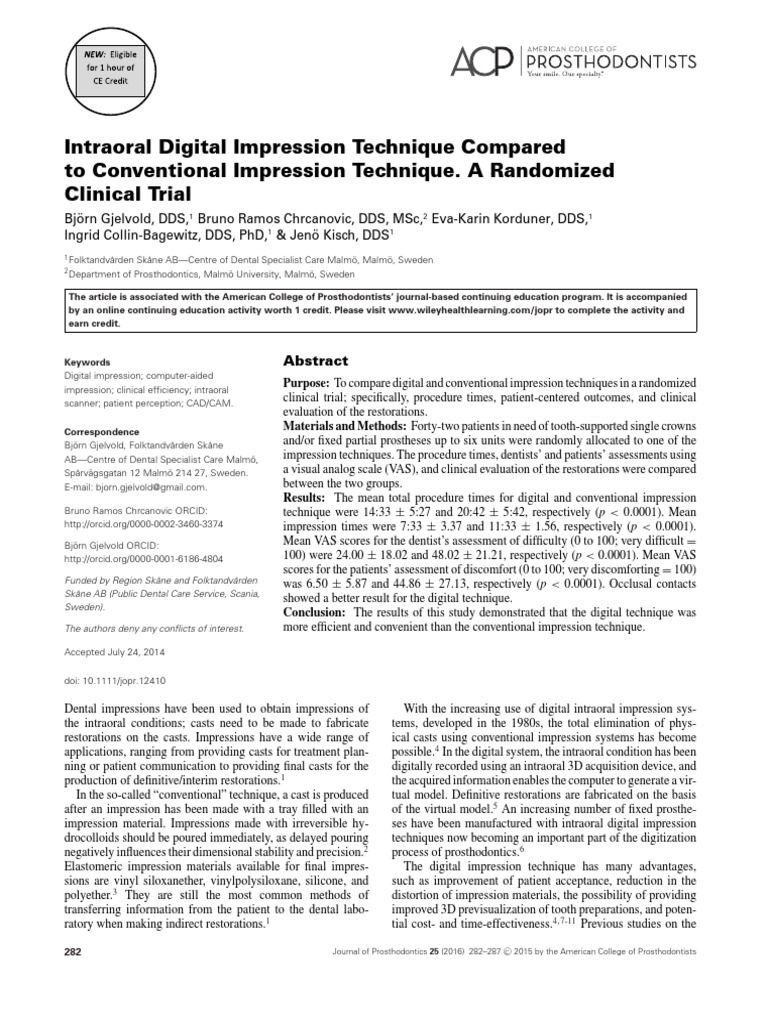 Intraoral Digital Impression Technique Compared To Conventional