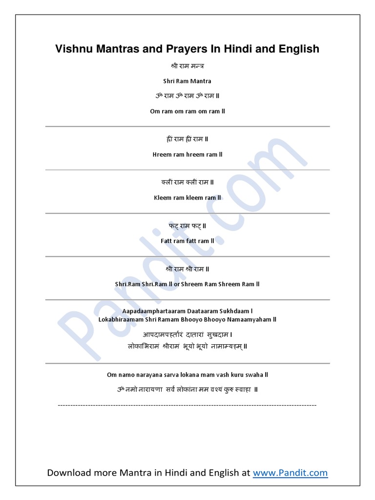 Vishnu Mantras and Prayers in Hindi and English | PDF